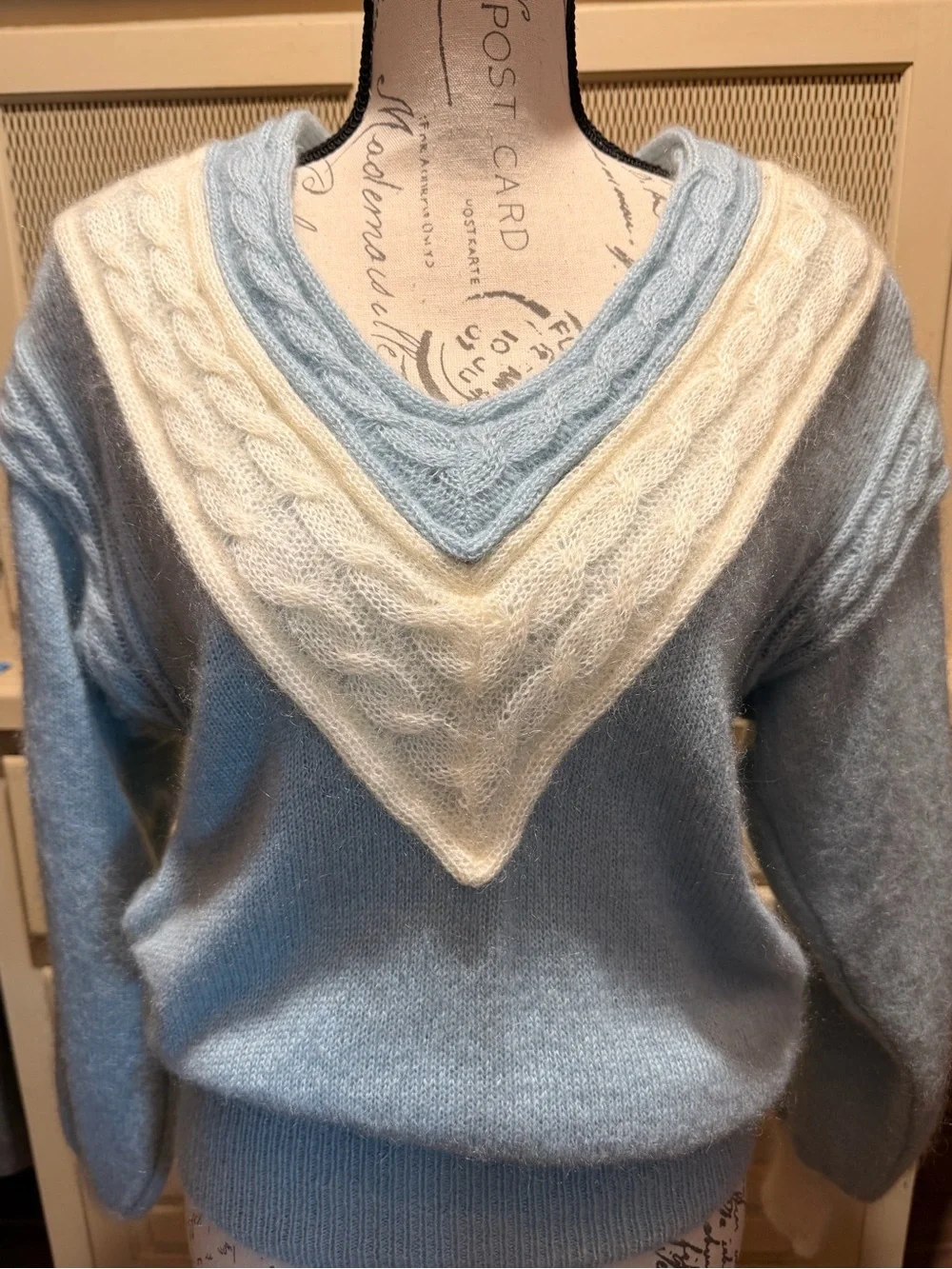 VTG Escada 3Pc Mohair Sweater Set Blue Cream Damaged As Is